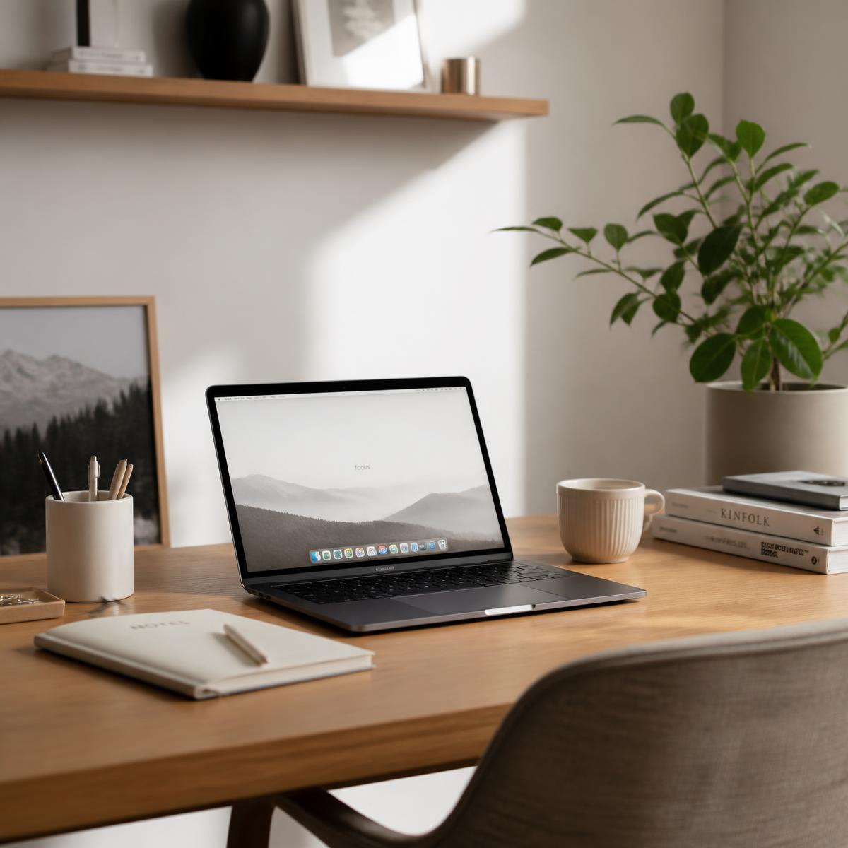A clean, organised executive desk with a laptop and stationery